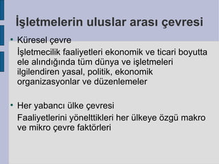 İşletmelerin uluslar arası çevresi

    Küresel çevre
    İşletmecilik faaliyetleri ekonomik ve ticari boyutta
    ele alındığında tüm dünya ve işletmeleri
    ilgilendiren yasal, politik, ekonomik
    organizasyonlar ve düzenlemeler


    Her yabancı ülke çevresi
    Faaliyetlerini yönelttikleri her ülkeye özgü makro
    ve mikro çevre faktörleri
 