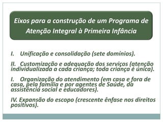 Eixos para a construção de um Programa de
     Atenção Integral à Primeira Infância


I. Unificação e consolidação (sete domínios).
II. Customização e adequação dos serviços (atenção
individualizada a cada criança; toda criança é única).
I. Organização do atendimento (em casa e fora de
casa, pela família e por agentes de Saúde, da
assistência social e educadores).
IV. Expansão do escopo (crescente ênfase nos direitos
positivos).
 