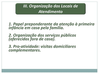 III. Organização dos Locais de
                 Atendimento

1. Papel preponderante da atenção à primeira
infância em casa pela família.
2. Organização dos serviços públicos
(oferecidos fora de casa).
3. Pro-atividade: visitas domiciliares
complementares.
 
