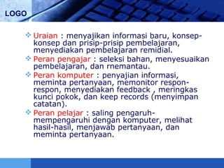 LOGO
 Uraian : menyajikan informasi baru, konsep-
konsep dan prisip-prisip pembelajaran,
menyediakan pembelajaran remidial.
 Peran pengajar : seleksi bahan, menyesuaikan
pembelajaran, dan rnemantau.
 Peran komputer : penyajian informasi,
meminta pertanyaan, memonitor respon-
respon, menyediakan feedback , meringkas
kunci pokok, dan keep records (menyimpan
catatan).
 Peran pelajar : saling pengaruh-
mempengaruhi dengan komputer, melihat
hasil-hasil, menjawab pertanyaan, dan
meminta pertanyaan.
 
