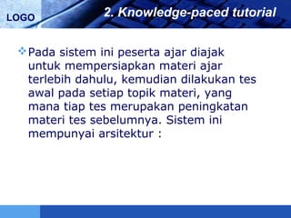 LOGO 2. Knowledge-paced tutorial
Pada sistem ini peserta ajar diajak
untuk mempersiapkan materi ajar
terlebih dahulu, kemudian dilakukan tes
awal pada setiap topik materi, yang
mana tiap tes merupakan peningkatan
materi tes sebelumnya. Sistem ini
mempunyai arsitektur :
 