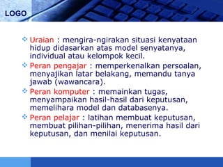 LOGO
 Uraian : mengira-ngirakan situasi kenyataan
hidup didasarkan atas model senyatanya,
individual atau kelompok kecil.
 Peran pengajar : memperkenalkan persoalan,
menyajikan latar belakang, memandu tanya
jawab (wawancara).
 Peran komputer : memainkan tugas,
menyampaikan hasil-hasil dari keputusan,
memelihara model dan databasenya.
 Peran pelajar : latihan membuat keputusan,
membuat pilihan-pilihan, menerima hasil dari
keputusan, dan menilai keputusan.
 