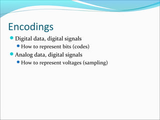 Encodings
Digital data, digital signals
How to represent bits (codes)
Analog data, digital signals
How to represent voltages (sampling)
 