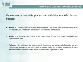 INTRODUÇÃO, CONTEXTO E CONCEITOS BÁSICOS
Os elementos vetoriais podem ser divididos em três formas
básicas:
 Pontos − Os pontos são entidades sem dimensões, aos quais está associada um par de
coordenadas, de acordo com o sistema de coordenadas estabelecido.
 Linhas − As linhas correspondem a um conjunto de pontos que estão interligados em
segmentos de reta.
 Polígonos − Os polígonos são o conjunto de linhas, que por sua vez são formadas por um
conjunto de segmentos de reta, onde o ponto inicial do primeiro segmento de reta
necessariamente coincide com o ponto final da último segmento de reta.
 