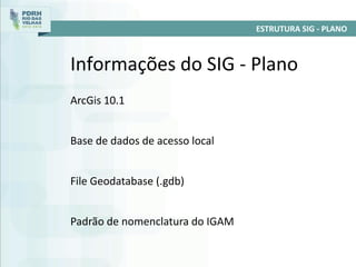 ArcGis 10.1
Base de dados de acesso local
File Geodatabase (.gdb)
Padrão de nomenclatura do IGAM
Informações do SIG - Plano
ESTRUTURA SIG - PLANO
 
