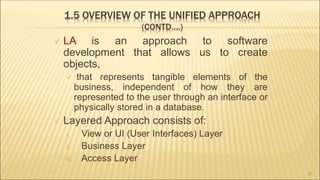 1.5 OVERVIEW OF THE UNIFIED APPROACH
(CONTD….)
 LA is an approach to software
development that allows us to create
objects,
 that represents tangible elements of the
business, independent of how they are
represented to the user through an interface or
physically stored in a database.
 Layered Approach consists of:
i. View or UI (User Interfaces) Layer
ii. Business Layer
iii. Access Layer
20
 
