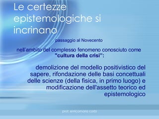Le certezze epistemologiche si incrinano passaggio al Novecento . nell’ambito del complesso fenomeno conosciuto come  "cultura della crisi”: demolizione del modello positivistico del sapere, rifondazione delle basi concettuali delle scienze (della fisica, in primo luogo) e modificazione dell'assetto teorico ed epistemologico 