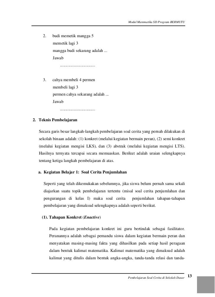 langkah langkah pembelajaran sd Pembelajaran Soal Cerita di SD 