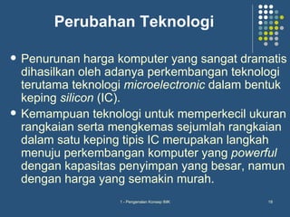 Perubahan Teknologi

   Penurunan harga komputer yang sangat dramatis
    dihasilkan oleh adanya perkembangan teknologi
    terutama teknologi microelectronic dalam bentuk
    keping silicon (IC).
   Kemampuan teknologi untuk memperkecil ukuran
    rangkaian serta mengkemas sejumlah rangkaian
    dalam satu keping tipis IC merupakan langkah
    menuju perkembangan komputer yang powerful
    dengan kapasitas penyimpan yang besar, namun
    dengan harga yang semakin murah.
                     1 - Pengenalan Konsep IMK   18
 