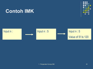 Contoh IMK


Input n :       Input n : 5                  Input n : 5
                                             Value of 5! Is 120


               Input n : 5



                 1 - Pengenalan Konsep IMK                  40
 