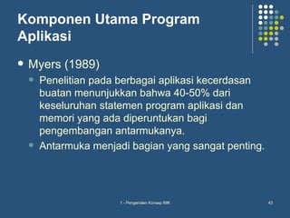 Komponen Utama Program
Aplikasi
   Myers (1989)
       Penelitian pada berbagai aplikasi kecerdasan
        buatan menunjukkan bahwa 40-50% dari
        keseluruhan statemen program aplikasi dan
        memori yang ada diperuntukan bagi
        pengembangan antarmukanya.
       Antarmuka menjadi bagian yang sangat penting.




                        1 - Pengenalan Konsep IMK       43
 