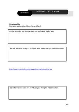 10
Relationship
Romantic relationships, friendship, and family
https://www.therapistaid.com/therapy-guide/strengths-based-therapy
STRENGTH EXPLORATION
ACTIVITY 3.2
List the strengths you possess that help you in your relationship
Describe a specific time your strengths were able to help you in a relationship
Describe two new ways you could use your strengths in relationships
 