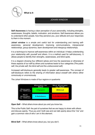 11
What is It
Self Awareness is having a clear perception of your personality, including strengths,
weaknesses, thoughts, beliefs, motivation, and emotions. Self Awareness allows you
to understand other people, how they perceive you, your attitude and your responses
to them in the moment.
Johari window is a simple and useful tool for understanding and training self-
awareness, personal development, improving communications, interpersonal
relationships, group dynamics, team development and intergroup relationships.
It is a technique to improve self-awareness within an individual. It helps undertanding
your relationship with yourself and others. It is a method used for self-discovery. It
allows people to identify their strengths, weaknesses, and blind spots.
It is a diagram showing four different selves and how the awareness or otherwise of
these aspects of our self by others and ourselves leads to four categories (The public
self, the private self, the blind self and the undiscovered self)
Increased self-disclosure generally leads to greater self-awareness. The concept of
self-disclosure refers to the sharing of information about oneself with others either
consciously or unconsciously
The Johari Windows is made of four regions or quadrants:
Open Self – What others know about you and you know too.
This is the Public Self- the part of ourselves that we are happy to share with others
and discuss openly. Thus you and I both see and can talk openly about this “me” and
gain a common view of who I am in this element.
Blind Self – What others know about you, but you don’t.
JOHARI WINDOW
 