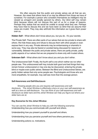 12
We often assume that the public and private selves are all that we are.
However, the views that others have of us may be different from those we have of
ourselves. For example a person who considers themselves as intelligent may be
viewed as arrogant and socially ignorant by others. Our blind self may remain
blind because others will not discuss this part of us for a range of reasons.
Perhaps they realize that we would be unable to accept what they see. Perhaps
they have tried to discuss this and we have been so blind that we assume their
views are invalid. They may also withhold this information as it gives them power
over us.
Hidden Self – What others don’t know about you, but you do. It’s your secrets.
The Private Self- There are often parts of our selves that are too private to share with
others. We hide these away and refuse to discuss them with other people or even
expose them in any way. Private elements may be embarrassing or shameful in
some way. They may also be feared or avoided being discussed for reasons of
vulnerability. Between the public and private selves, there are partly private, partly
public aspects of our selves that we are prepared to share only with trusted others.
Unknown Self – What others don’t know about you and you don’t either.
The Undiscovered Self- Finally, the fourth self is one which neither we nor other
people see. This undiscovered self may include both good and bad things that may
remain forever undiscovered or may one day be discovered, entering the private,
blind or maybe even public selves. Between the Blind and Undiscovered Selves, are
partly hidden selves that only some people see. Psychologists and those who are
more empathetic, for example, may well see more than the average person.
Self-Awareness and Self-Disclosure
Showing people who you are requires self-awareness and self-
disclosure. The Johari Window is effectively a lens on your own self-awareness as
well as a lens on self-disclosure. You can think of your self-awareness and self-
disclosure as slider bars and the Johari Window can help you figure out where your
slider bars are at.
Key Scenarios for the Johari Window
You can use the Johari Window to help you with the following scenarios:
Understanding how you communicate with yourself and others.
Understanding how you present yourself to yourself and others.
Understanding how you perceive yourself and how others perceive you.
Understanding actions vs. motivations.
 