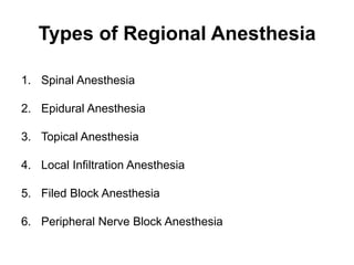 Types of Regional Anesthesia

1. Spinal Anesthesia

2. Epidural Anesthesia

3. Topical Anesthesia

4. Local Infiltration Anesthesia

5. Filed Block Anesthesia

6. Peripheral Nerve Block Anesthesia
 