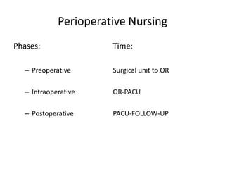 Perioperative Nursing
Phases:               Time:

  – Preoperative      Surgical unit to OR

  – Intraoperative    OR-PACU

  – Postoperative     PACU-FOLLOW-UP
 