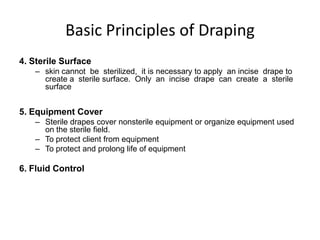 Basic Principles of Draping
4. Sterile Surface
   – skin cannot be sterilized, it is necessary to apply an incise drape to
     create a sterile surface. Only an incise drape can create a sterile
     surface


5. Equipment Cover
   – Sterile drapes cover nonsterile equipment or organize equipment used
     on the sterile field.
   – To protect client from equipment
   – To protect and prolong life of equipment

6. Fluid Control
 