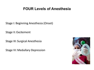 FOUR Levels of Anesthesia


Stage I: Beginning Anesthesia (Onset)

Stage II: Excitement

Stage III: Surgical Anesthesia

Stage IV: Medullary Depression
 
