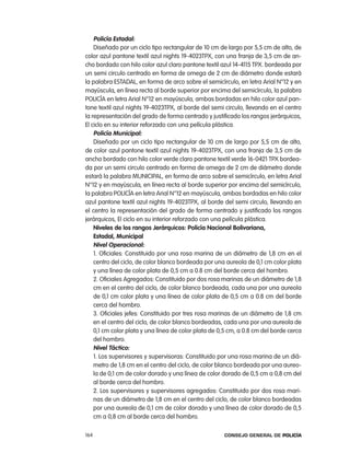 policía estadal:
    Diseñado por un ciclo tipo rectangular de 10 cm de largo por 5,5 cm de alto, de
color azul pantone textil azul nights 19-4023tpX, con una franja de 3,5 cm de an-
cho bordado con hilo color azul claro pantone textil azul 14-4115 tpX. bordeada por
un semi circulo centrado en forma de omega de 2 cm de diámetro donde estará
la palabra eStaDal, en forma de arco sobre el semicírculo, en letra arial n°12 y en
mayúscula, en línea recta al borde superior por encima del semicírculo, la palabra
policÍa en letra arial n°12 en mayúscula, ambas bordadas en hilo color azul pan-
tone textil azul nights 19-4023tpX, al borde del semi circulo, llevando en el centro
la representación del grado de forma centrado y justificado los rangos jerárquicos,
el ciclo en su interior reforzado con una película plástica.
    policía municipal:
    Diseñado por un ciclo tipo rectangular de 10 cm de largo por 5,5 cm de alto,
de color azul pantone textil azul nights 19-4023tpX, con una franja de 3,5 cm de
ancho bordado con hilo color verde claro pantone textil verde 16-0421 tpX bordea-
da por un semi circulo centrado en forma de omega de 2 cm de diámetro donde
estará la palabra MUnicipal, en forma de arco sobre el semicírculo, en letra arial
n°12 y en mayúscula, en línea recta al borde superior por encima del semicírculo,
la palabra policÍa en letra arial n°12 en mayúscula, ambas bordadas en hilo color
azul pantone textil azul nights 19-4023tpX, al borde del semi circulo, llevando en
el centro la representación del grado de forma centrado y justificado los rangos
jerárquicos, el ciclo en su interior reforzado con una película plástica.
    niveles de los rangos Jerárquicos: policía nacional Bolivariana,
    estadal, municipal
    nivel operacional:
    1. oficiales: constituido por una rosa marina de un diámetro de 1,8 cm en el
    centro del ciclo, de color blanco bordeada por una aureola de 0,1 cm color plata
    y una línea de color plata de 0,5 cm a 0.8 cm del borde cerca del hombro.
    2. oficiales agregados: constituido por dos rosa marinas de un diámetro de 1,8
    cm en el centro del ciclo, de color blanco bordeada, cada una por una aureola
    de 0,1 cm color plata y una línea de color plata de 0,5 cm a 0.8 cm del borde
    cerca del hombro.
    3. oficiales jefes: constituido por tres rosa marinas de un diámetro de 1,8 cm
    en el centro del ciclo, de color blanco bordeadas, cada una por una aureola de
    0,1 cm color plata y una línea de color plata de 0,5 cm, a 0.8 cm del borde cerca
    del hombro.
    nivel táctico:
    1. los supervisores y supervisoras: constituido por una rosa marina de un diá-
    metro de 1,8 cm en el centro del ciclo, de color blanco bordeada por una aureo-
    la de 0,1 cm de color dorado y una línea de color dorado de 0,5 cm a 0,8 cm del
    al borde cerca del hombro.
    2. los supervisores y supervisores agregados: constituido por dos rosa mari-
    nas de un diámetro de 1,8 cm en el centro del ciclo, de color blanco bordeadas
    por una aureola de 0,1 cm de color dorado y una línea de color dorado de 0,5
    cm a 0,8 cm al borde cerca del hombro.

164                                                   Consejo General de PoliCía
 