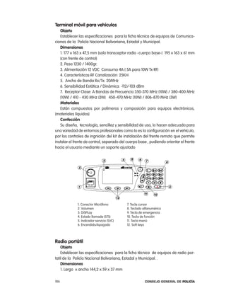 terminal móvil para vehículos
   objeto
   establecer las especificaciones para la ficha técnica de equipos de comunica-
ciones de la policía nacional Bolivariana, estadal y Municipal.
   dimensiones
   1. 177 x 163 x 47,5 mm (solo transceptor radio -cuerpo base-) 195 x 163 x 61 mm
   (con frente de control)
   2. peso 1230 / 1400gr.
   3. alimentación 12 VDc consumo 4a ( 5a para 10W tx rF)
   4. características rF canalización: 25KH
   5. ancho de Banda rx/tx: 20MHz
   6. Sensibilidad estática / Dinámica: -112/-103 dBm
   7. receptor clase: a Bandas de Frecuencia 350-370 MHz (10W) / 380-400 MHz
   (10W) / 410 - 430 MHz (3W) 450-470 MHz (10W) / 806-870 MHz (3W)
   materiales
   están compuestos por polímeros y composición para equipos electrónicos,
(materiales líquidos)
   confección
   Su diseño, tecnología, sencillez y sensibilidad de uso, lo hacen adecuado para
una variedad de entornos profesionales como lo es la configuración en el vehículo,
por los controles de ingnición del kit de instalación del frente remoto que permite
instalar el frente de control, separado del cuerpo base , pudiendo orientar el frente
hacia el usuario mediante un soporte ajustado




             1. conector Micrófono         7. tecla cursor
             2. Volumen                    8. teclado alfanumérico
             3. DiSplay                    9. tecla de emergencia
             4. estado llamada (StS)       10. tecla de función
             5. indicador servicio (SVc)   11. tecla menú
             6. encendido/apagado          12. Soft keys




Radio portátil
    objeto
    establecer las especificaciones para la ficha técnica de equipos de radio por-
tatil de la policía nacional Bolivariana, estadal y Municipal. .
    dimensiones
    1. largo x ancho 144,2 x 59 x 37 mm

186                                                    Consejo General de PoliCía
 