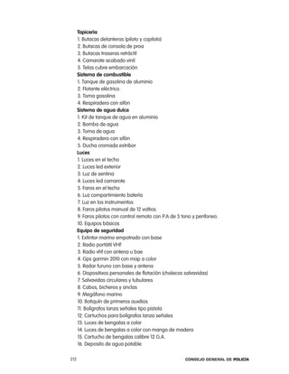 tapiceria
      1. Butacas delanteras (piloto y copiloto)
      2. Butacas de consola de proa
      3. Butacas traseras retráctil
      4. camarote acabado vinil
      5. telas cubre embarcación
      sistema de combustible
      1. tanque de gasolina de aluminio
      2. Flotante eléctrico
      3. toma gasolina
      4. respiradero con sifón
      sistema de agua dulce
      1. Kit de tanque de agua en aluminio
      2. Bomba de agua
      3. toma de agua
      4. respiradero con sifón
      5. Ducha cromada estribor
      luces
      1. luces en el techo
      2. luces led exterior
      3. luz de sentina
      4. luces led camarote
      5. Faros en el techo
      6. luz compartimiento batería
      7. luz en los instrumentos
      8. Faros pilotos manual de 12 voltios
      9. Faros pilotos con control remoto con p.a de 5 tono y perifoneo.
      10. equipos básicos
      equipo de seguridad
      1. extintor marino empotrado con base
      2. radio portátil VHF
      3. radio vhf con antena u bae
      4. Gps garmin 2010 con map a color
      5. radar furuno con base y antena
      6. Dispositivos personales de flotación (chalecos salvavidas)
      7. Salvavidas circulares y tubulares
      8. cabos, bicheros y anclas
      9. Megáfono marino
      10. Botiquín de primeros auxilios
      11. Bolígrafos lanza señales tipo pistola
      12. cartuchos para bolígrafos lanza señales
      13. luces de bengalas a color
      14. luces de bengalas a color con mango de madera
      15. cartucho de bengalas calibre 12 G.a.
      16. Deposito de agua potable

212                                                     Consejo General de PoliCía
 