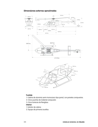 dimensiones externas aproximadas




      Fuselaje
      1. cabina de aluminio semi-monocasco tipo panal, con paneles compuestos.
      2. cinco puertas de material compuesto
      3. cinco butacas de flexiglass
      interior:
      1. extintor de cabina
      2. equipo de primeros auxilios




214                                                 Consejo General de PoliCía
 