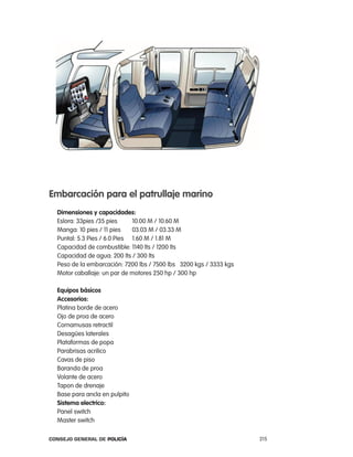 embarcación para el patrullaje marino
  dimensiones y capacidades:
  eslora: 33pies /35 pies     10.00 M / 10.60 M
  Manga: 10 pies / 11 pies    03.03 M / 03.33 M
  puntal: 5.3 pies / 6.0 pies 1.60 M / 1.81 M
  capacidad de combustible: 1140 lts / 1200 lts
  capacidad de agua: 200 lts / 300 lts
  peso de la embarcación: 7200 lbs / 7500 lbs 3200 kgs / 3333 kgs
  Motor caballaje: un par de motores 250 hp / 300 hp

  equipos básicos
  accesorios:
  platina borde de acero
  ojo de proa de acero
  cornamusas retractil
  Desagües laterales
  plataformas de popa
  parabrisas acrilico
  cavas de piso
  Baranda de proa
  Volante de acero
  tapon de drenaje
  Base para ancla en pulpito
  sistema electrico:
  panel switch
  Master switch

Consejo General de PoliCía                                          215
 
