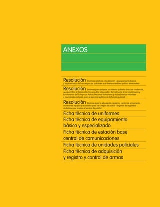 aneXoS



resolución                 (normas relativas a la dotación y equipamiento básico
y especializado de los cuerpos de policía en sus diversos ámbitos político territoriales)

resolución                 (normas para adoptar un sistema y diseño único de credencial,
que permitan al Órgano rector acreditar adecuada y formalmente a los funcionarios y
funcionarias del cuerpo de policía nacional Bolivariana y de las policías estadales
y municipales del país, para el ejercicio legítimo de la función policial)

resolución (normas para cuerpos de policía y órganos dede armamento,
municiones equipos y accesorios para los
                                         la adquisición, registro y control
                                                                            seguridad
ciudadana que prestan el servicio de policía)


Ficha técnica de uniformes
Ficha técnica de equipamiento
básico y especializado
Ficha técnica de estación base
central de comunicaciones
Ficha técnica de unidades policiales
Ficha técnica de adquisición
y registro y control de armas
 