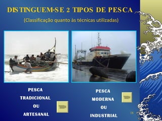DISTINGUEM-SE 2 TIPOS DE PESCA   (Classificação quanto às técnicas utilizadas) PESCA  TRADICIONAL  OU ARTESANAL PESCA  MODERNA  OU INDUSTRIAL 