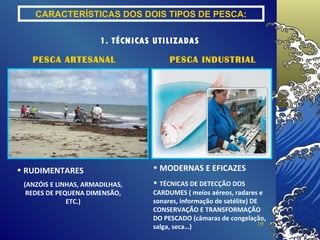 1. TÉCNICAS UTILIZADAS RUDIMENTARES (ANZÓIS E LINHAS, ARMADILHAS, REDES DE PEQUENA DIMENSÃO, ETC.) MODERNAS E EFICAZES  TÉCNICAS DE DETECÇÃO DOS CARDUMES ( meios aéreos, radares e sonares, informação de satélite) DE CONSERVAÇÃO E TRANSFORMAÇÃO DO PESCADO (câmaras de congelação, salga, seca…) PESCA ARTESANAL PESCA INDUSTRIAL CARACTERÍSTICAS DOS DOIS TIPOS DE PESCA: 