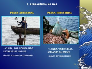 5. PERMANÊNCIA NO MAR CURTA, POR NORMA NÃO ULTRAPASSA UM DIA (ÁGUAS INTERIORES E COSTEIRAS) LONGA, VÁRIOS DIAS, SEMANAS OU MESES (ÁGUAS INTERNACIONAIS) PESCA ARTESANAL PESCA INDUSTRIAL 