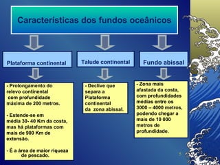 Características dos fundos oceânicos Plataforma continental   - Prolongamento do  relevo continental com profundidade  máxima de 200 metros. - Estende-se em  média 30- 40 Km da costa, mas há plataformas com  mais de 900 Km de  extensão. - É a área de maior riqueza de pescado. Talude continental Fundo abissal - Declive que separa a  Plataforma continental da  zona abissal. - Zona mais  afastada da costa,  com profundidades  médias entre os  3000 – 4000 metros, podendo chegar a  mais de 10 000  metros de profundidade. 