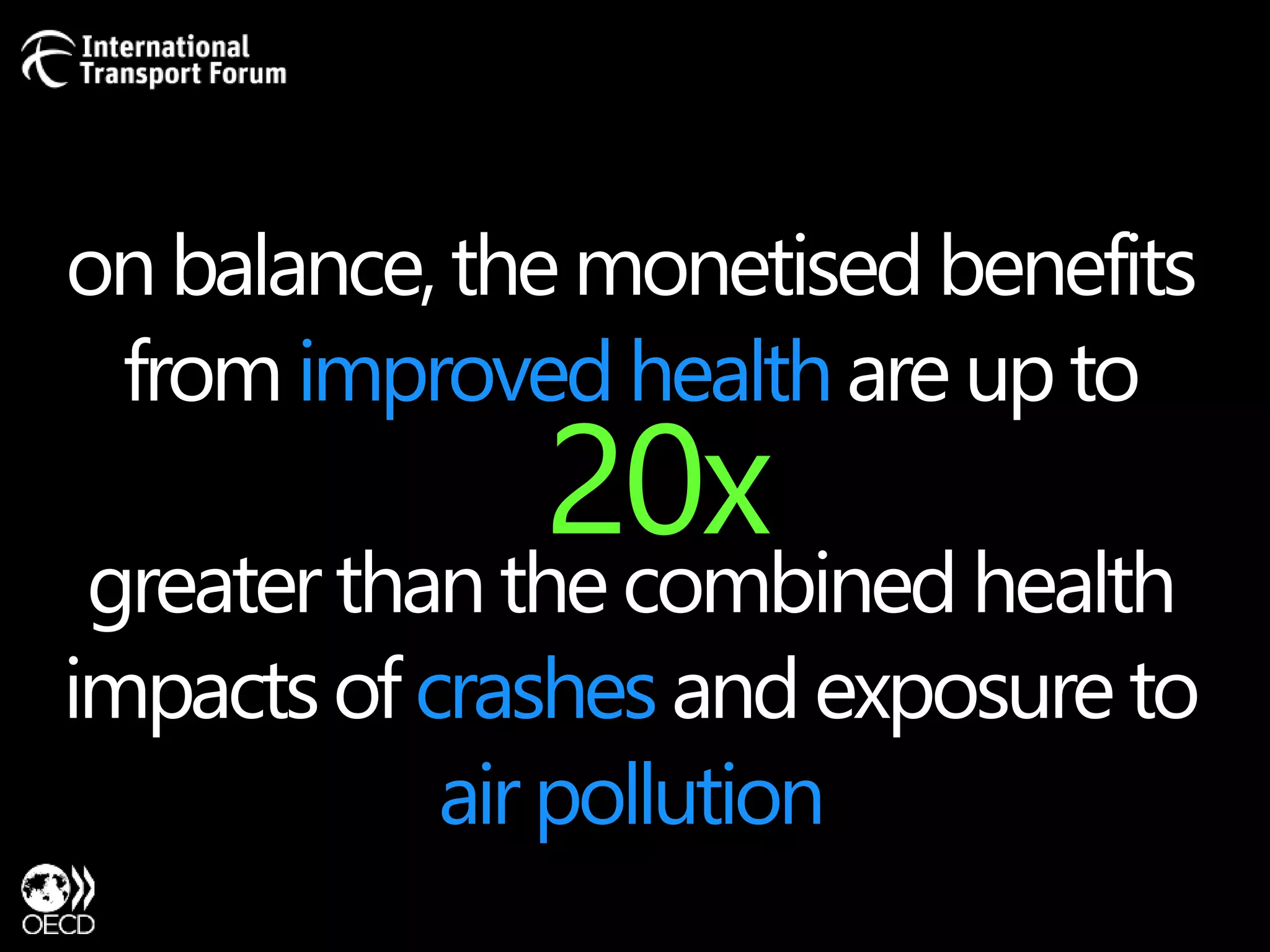 on balance, the monetised benefits 
from improved health are up to 
20x 
greater than the combined health 
impacts of crashes and exposure to 
air pollution 
 