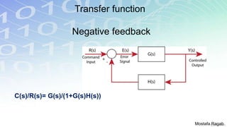 Transfer function
Negative feedback
C(s)/R(s)= G(s)/(1+G(s)H(s))
Mostafa Ragab
 