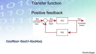 Transfer function
Positive feedback
C(s)/R(s)= G(s)/(1-G(s)H(s))
+
Mostafa Ragab
 
