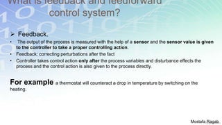 What is feedback and feedforward
control system?
 Feedback.
• The output of the process is measured with the help of a sensor and the sensor value is given
to the controller to take a proper controlling action.
• Feedback: correcting perturbations after the fact
• Controller takes control action only after the process variables and disturbance effects the
process and the control action is also given to the process directly.
For example a thermostat will counteract a drop in temperature by switching on the
heating.
Mostafa Ragab
 