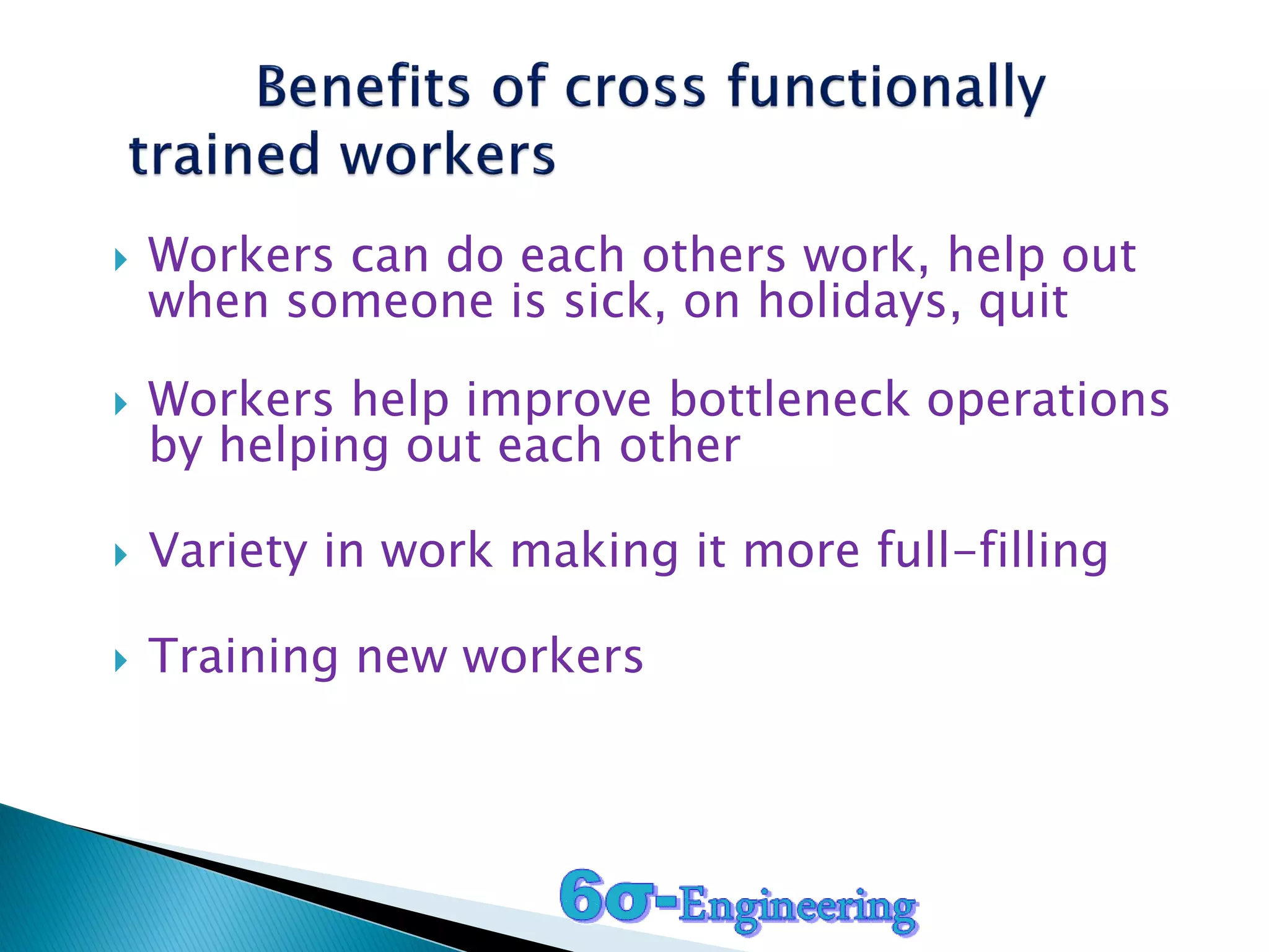  Workers can do each others work, help out
when someone is sick, on holidays, quit
Workers help improve bottleneck operations
by helping out each other
Variety in work making it more full-filling
Training new workers