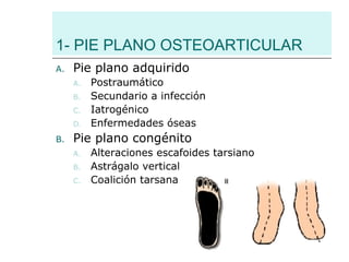 1- PIE PLANO OSTEOARTICULAR
A. Pie plano adquirido
A. Postraumático
B. Secundario a infección
C. Iatrogénico
D. Enfermedades óseas
B. Pie plano congénito
A. Alteraciones escafoides tarsiano
B. Astrágalo vertical
C. Coalición tarsana
 
