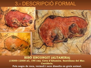 3.- DESCRIPCIÓ FORMAL




            BISÓ ENCONGIT (ALTAMIRA)
(15000-12000 aC, 195 cm). Cova d’Altamira. Santillana del Mar.
                           Cantàbria.
   Pols negra de roca, vermell i ocre dissolts en greix animal.
 