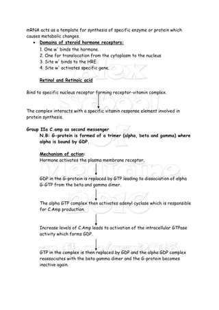 mRNA acts as a template for synthesis of specific enzyme or protein which
causes metabolic changes.
 Domains of steroid hormone receptors:
1. One w' binds the hormone.
2. One for translocation from the cytoplasm to the nucleus
3. Site w' binds to the HRE.
4. Site w' activates specific gene.
Retinol and Retinoic acid
Bind to specific nucleus receptor forming receptor-vitamin complex.
The complex interacts with a specific vitamin response element involved in
protein synthesis.
Group IIa C.amp as second messenger
N.B: G-protein is formed of a trimer (alpha, beta and gamma) where
alpha is bound by GDP.
Mechanism of action:
Hormone activates the plasma membrane receptor.
GDP in the G-protein is replaced by GTP leading to dissociation of alpha
G-GTP from the beta and gamma dimer.
The alpha GTP complex then activates adenyl cyclase which is responsible
for C.Amp production.
Increase levels of C.Amp leads to activation of the intracellular GTPase
activity which forms GDP.
GTP in the complex is then replaced by GDP and the alpha GDP complex
reassociates with the beta gamma dimer and the G-protein becomes
inactive again.
 
