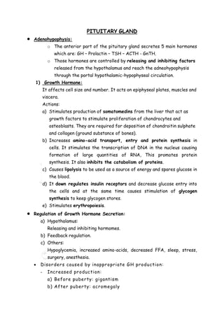 GLANDPITUITARY
 Adenohypophysis:
o The anterior part of the pituitary gland secretes 5 main hormones
which are: GH – Prolactin – TSH – ACTH - GnTH.
o Those hormones are controlled by releasing and inhibiting factors
released from the hypothalamus and reach the adneohypophysis
through the portal hypothalamic-hypophyseal circulation.
1) Growth Hormone:
It affects cell size and number. It acts on epiphyseal plates, muscles and
viscera.
Actions:
a) Stimulates production of somatomedins from the liver that act as
growth factors to stimulate proliferation of chondrocytes and
osteoblasts. They are required for deposition of chondroitin sulphate
and collagen (ground substance of bones).
b) Increases amino-acid transport, entry and protein synthesis in
cells. It stimulates the transcription of DNA in the nucleus causing
formation of large quantities of RNA, This promotes protein
synthesis. It also inhibits the catabolism of proteins.
c) Causes lipolysis to be used as a source of energy and spares glucose in
the blood.
d) It down regulates insulin receptors and decrease glucose entry into
the cells and at the same time causes stimulation of glycogen
synthesis to keep glycogen stores.
e) Stimulates erythropoiesis.
 Regulation of Growth Hormone Secretion:
a) Hypothalamus:
Releasing and inhibiting hormomes.
b) Feedback regulation.
c) Others:
Hypoglycemia, increased amino-acids, decreased FFA, sleep, stress,
surgery, anesthesia.
 Disorders caused by inappropriate GH production:
- Increased production:
a) Before puberty: gigantism
b) After puberty: acromegaly
 