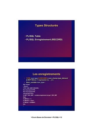 <Cours Bases de Données> <PL/SQL>-12
Types Structurés
• PL/SQL Table
• PL/SQL Enregistrement (RECORD)
Les enregistrements
• TYPE nom type IS RECORD ( nom_champ type_élément
[[ NOT NULL] := expression ] [, ….] ) ;
• Nom_variable nom_type ;
SQL> declare
-- Record –
TYPE T_REC_EMP IS RECORD (
Num emp.empno%TYPE,
Nom emp.ename%TYPE,
Job emp.job%TYPE );
R_EMP T_REC_EMP ; -- variable enregistrement de type T_REC_EMP
Begin
R_EMP.Num := 1 ;
R_EMP.Nom := 'Scott' ;
R_EMP.job := 'GASMAN' ;
End;
/
 