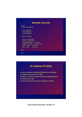 <Cours Bases de Données> <PL/SQL>-13
Nested records
Declare
TYPE Temps IS RECORD
(
heures SMALLINT,
minutes SMALLINT,
secondes SMALLINT
);
TYPE Vol IS RECORD
(
numvol PLS_INTEGER,
Numavion VARCHAR2(15),
Commandant Employe, -- type objet
Passagers ListClients, -- type nested table
depart Temps, -- type record
arrivee Temps -- type record
);
Begin
...
End ;
Un tableau PL/SQL
• c’est une collection ordonnée d’élément du même type
• accessible uniquement en PL/SQL
• stockés en mémoire, ils peuvent grandir dynamiquement
• ils utilisent des index
• ils ont le même format que des champs d’une table
 