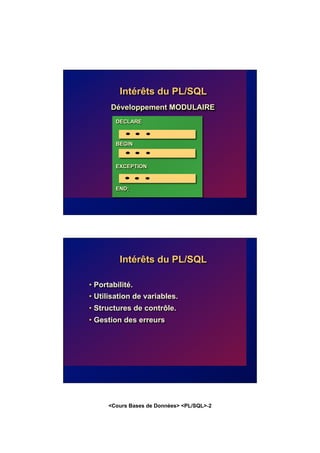 <Cours Bases de Données> <PL/SQL>-2
Intérêts du PL/SQL
Développement MODULAIRE
DECLARE
BEGIN
EXCEPTION
END;
Intérêts du PL/SQL
• Portabilité.
• Utilisation de variables.
• Structures de contrôle.
• Gestion des erreurs
 