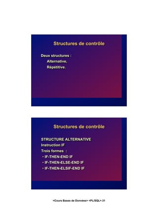 <Cours Bases de Données> <PL/SQL>-31
Structures de contrôle
Deux structures :
Alternative,
Répétitive.
Structures de contrôle
STRUCTURE ALTERNATIVE
Instruction IF
Trois formes :
• IF-THEN-END IF
• IF-THEN-ELSE-END IF
• IF-THEN-ELSIF-END IF
 