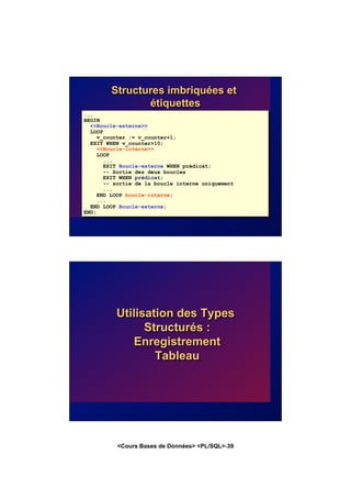 <Cours Bases de Données> <PL/SQL>-39
Structures imbriquées et
étiquettes
...
BEGIN
<<Boucle-externe>>
LOOP
v_counter := v_counter+1;
EXIT WHEN v_counter>10;
<<Boucle-interne>>
LOOP
...
EXIT Boucle-externe WHEN prédicat;
-- Sortie des deux boucles
EXIT WHEN prédicat;
-- sortie de la boucle interne uniquement
...
END LOOP boucle-interne;
...
END LOOP Boucle-externe;
END;
Utilisation des Types
Structurés :
Enregistrement
Tableau
 