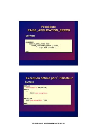 <Cours Bases de Données> <PL/SQL>-66
Procédure
RAISE_APPLICATION_ERROR
…
EXCEPTION
WHEN NO_DATA_FOUND THEN
RAISE_APPLICATIO_ERROR (-20201,
‘ Ligne NON trouvée ’);
END;
Exemple
Exception définie par l’utilisateur
DECLARE
nom-exception EXCEPTION;
BEGIN
…;
RAISE nom-exception;
...;
EXCEPTION
WHEN nom-exception THEN
...;
END;
Syntaxe
 