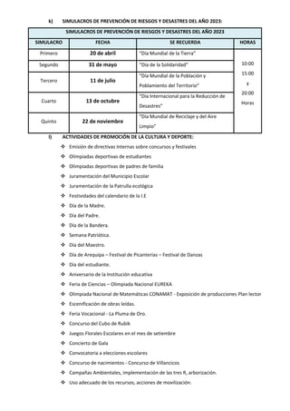 k) SIMULACROS DE PREVENCIÓN DE RIESGOS Y DESASTRES DEL AÑO 2023:
SIMULACROS DE PREVENCIÓN DE RIESGOS Y DESASTRES DEL AÑO 2023
SIMULACRO FECHA SE RECUERDA HORAS
Primero 20 de abril “Día Mundial de la Tierra”
10:00
15:00
y
20:00
Horas
Segundo 31 de mayo “Día de la Solidaridad”
Tercero 11 de julio
“Día Mundial de la Población y
Poblamiento del Territorio”
Cuarto 13 de octubre
“Día Internacional para la Reducción de
Desastres”
Quinto 22 de noviembre
“Día Mundial de Reciclaje y del Aire
Limpio”
l) ACTIVIDADES DE PROMOCIÓN DE LA CULTURA Y DEPORTE:
 Emisión de directivas internas sobre concursos y festivales
 Olimpiadas deportivas de estudiantes
 Olimpiadas deportivas de padres de familia
 Juramentación del Municipio Escolar
 Juramentación de la Patrulla ecológica
 Festividades del calendario de la I.E
 Día de la Madre.
 Día del Padre.
 Día de la Bandera.
 Semana Patriótica.
 Día del Maestro.
 Día de Arequipa – Festival de Picanterías – Festival de Danzas
 Día del estudiante.
 Aniversario de la Institución educativa
 Feria de Ciencias – Olimpiada Nacional EUREKA
 Olimpiada Nacional de Matemáticas CONAMAT - Exposición de producciones Plan lector
 Escenificación de obras leídas.
 Feria Vocacional - La Pluma de Oro.
 Concurso del Cubo de Rubik
 Juegos Florales Escolares en el mes de setiembre
 Concierto de Gala
 Convocatoria a elecciones escolares
 Concurso de nacimientos - Concurso de Villancicos
 Campañas Ambientales, implementación de las tres R, arborización.
 Uso adecuado de los recursos, acciones de movilización.
 
