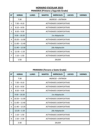 HORARIO ESCOLAR 2023
PRIMARIA (Primero y Segundo Grado)
N° HORAS LUNES MARTES MIÉRCOLES JUEVES VIERNES
7:30 INGRESO – ENTRADA
1 7:30 – 8:10 ACTIVIDADES SIGNIFICATIVAS
2 8:10 – 8:50 ACTIVIDADES SIGNIFICATIVAS
3 8:50 – 9:30 ACTIVIDADES SIGNIFICATIVAS
9:30 – 10:20 1ra Adaptación
4 10:20 – 11:00 ACTIVIDADES SIGNIFICATIVAS
5 11:00 – 11:40 ACTIVIDADES SIGNIFICATIVAS
11:40 – 12:30 2da Adaptación
6 12:30 – 1:10 ACTIVIDADES SIGNIFICATIVAS
7 1:10 – 1:50 ACTIVIDADES SIGNIFICATIVAS
1:50 SALIDA
PRIMARIA (Tercero a Sexto Grado)
N° HORAS LUNES MARTES MIÉRCOLES JUEVES VIERNES
7:30 INGRESO – ENTRADA
1 7:30 – 8:10 ACTIVIDADES SIGNIFICATIVAS
2 8:10 – 8:50 ACTIVIDADES SIGNIFICATIVAS
3 8:50 – 9:30 ACTIVIDADES SIGNIFICATIVAS
9:30 – 10:20 1ra Adaptación
4 10:20 – 11:00 ACTIVIDADES SIGNIFICATIVAS
5 11:00 – 11:40 ACTIVIDADES SIGNIFICATIVAS
6 11:40 – 12:20 ACTIVIDADES SIGNIFICATIVAS
12:20 – 1:10 2da Adaptación
7 1:10 – 1:50 ACTIVIDADES SIGNIFICATIVAS
8 1:50 – 2:30 ACTIVIDADES SIGNIFICATIVAS
2:30 SALIDA
 