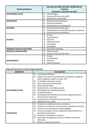 TERCER MOMENTO
BALANCE DEL AÑO ESCOLAR Y RENDICIÓN DE
CUENTAS
Noviembre a diciembre de 2023
ACTIVIDADES CLAVES  II día del logro.
 Clausura del año escolar 2023
 Planificación escolar 2023
ESTRATEGIAS  Reuniones de coordinación.
 Estudio de directivas.
 Convocatorias con anticipación.
ACCIONES  Desarrollo del II día del logro.
 Participación de comunidad educativa en general.
 Conformación de comisiones.
ALIADOS
 Director
 Coordinadores
 Docentes
 Padres de familia
 Autoridades
 Comunidad
PROBABLE FECHA DE EJECUCIÓN  19 al 22 de diciembre
MEDIOS DE VERIFICACIÓN  Informe escrito
 Primera versión del PAT 2023
RESPONSABLES
 Director
 Coordinadores
 Docentes
 Padres de familia
OTRAS ACTIVIDADES DE LA INSTITUCIÓN EDUCATIVA
MOMENTO PLAN LECTOR
ACTIVIDADES CLAVES
 II Jornada de Reflexión.
 Juegos en los que sea necesario leer (crucigramas, juegos de
pista, jeroglíficos, palabra cruzada, etc.)
 Las mañanas de contar cuentos.
 Lectura de noticias interesantes.
 Intercambio de libros.
 Realización de un periódico de aula.
 Participación de campañas de teatro.
 Jornadas de poesía.
 Participación de certámenes de cuentos organizados por la
dirección de la institución.
 Decoraciones y ambientaciones de las aulas.
 Redacción de un cuento.
ESTRATEGIAS
 Fortalecer los hábitos de lectura y escritura.
 Incorporar a medios de comunicación en campañas de lectura.
 Proveer la lectura desde los medios digitales.
 Hacer de los padres de familia agentes fundamentales en la
promoción de la lectura.
 Fortalecer las bibliotecas escolares.
 Desarrollar estrategias para leer con fluidez y entonación
adecuadas.
 Apreciar el valor de los textos.
 